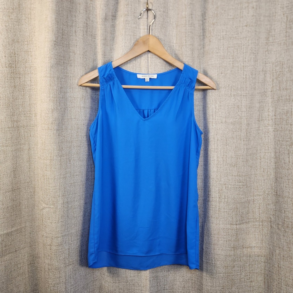 Rose + Olive Lightweight Tank‎ Top Blouse Women's XS Blue V-Neck Ruffle Pleated